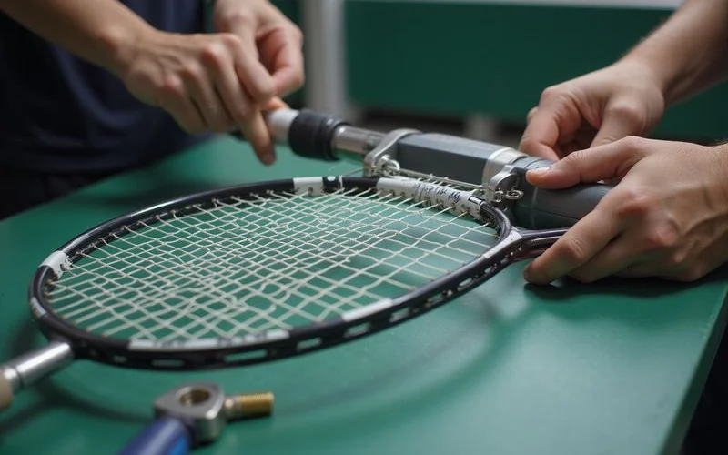 A close-up of a badminton racket being strung on a stringing machine, showing the main strings being tensioned